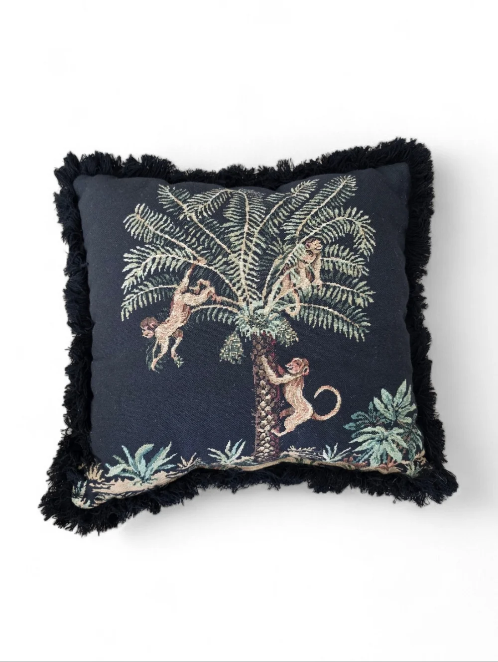 Vintage Monkey Palm Tree Tapestry Pillow – Fringe Trim Jungle Safari Decor